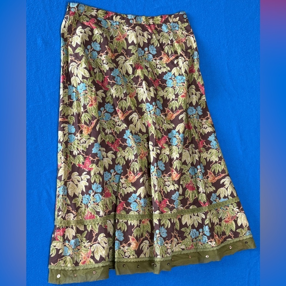 Christopher & Banks Green/Yellow Floral 100% Cotton Flare Skirt Woman's Size 10